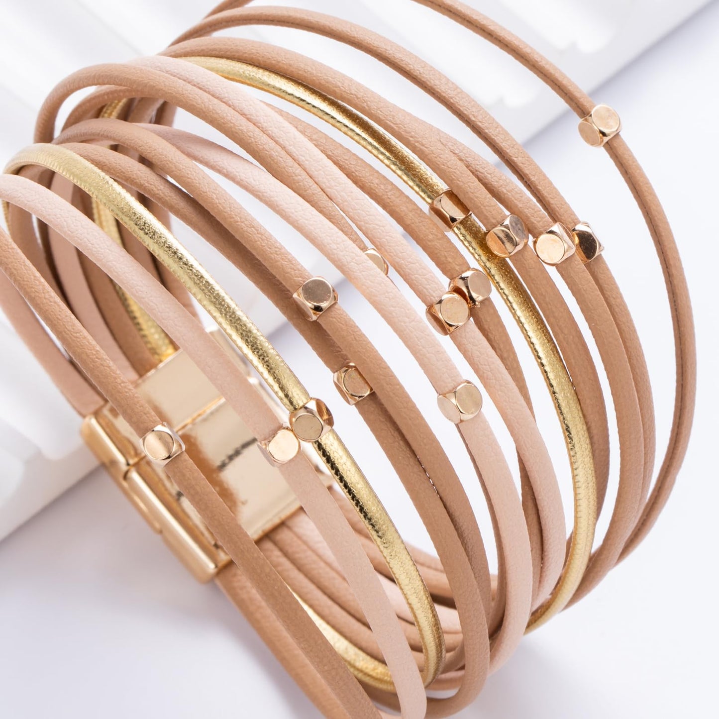 FANCY SHINY Beaded Leather Wrap Bracelets Cute Boho Stackable Bangle Cuff with Magnetic Clasp Layered Trendy Jewelry for Women(Nude)