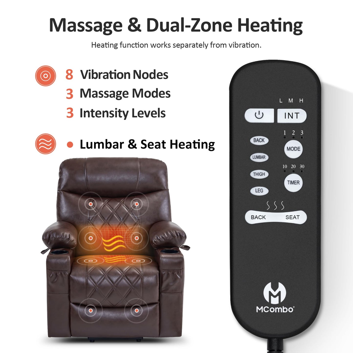MCombo Small Power Lift Recliner Chair Sofa with Massage and Dual Heating, Adjustable Headrest for Elderly People Petite, USB Ports, Faux Leather 7111 (Dark Brown)