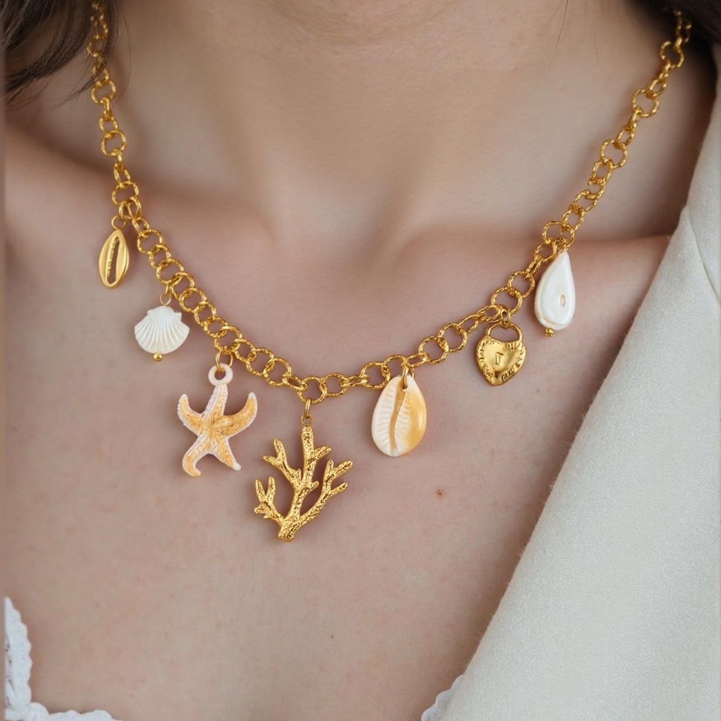 LCTrusttmor Gahna Coral Necklace for Women, 18K Gold Plated Pearl Heart Shell Starfish Charm with Adjustable Choker Necklaces for Women, Summer Beach Jewelry Gifts