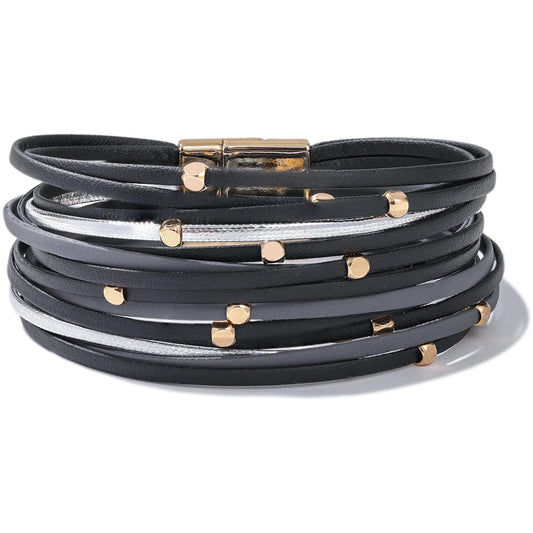 FANCY SHINY Beaded Leather Wrap Bracelets Cute Boho Stackable Bangle Cuff with Magnetic Clasp Layered Trendy Jewelry for Women(Black)