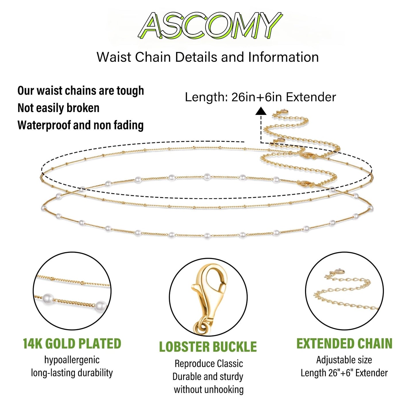 ASCOMY Waist Chains for Women 14K Gold Plated 2Pcs Body Chains Gold Waist Chain Layered Pearl Satellite Belly Belt Body Chains Adjustable Bikini Body Jewelry Daily Belts Gifts for Women