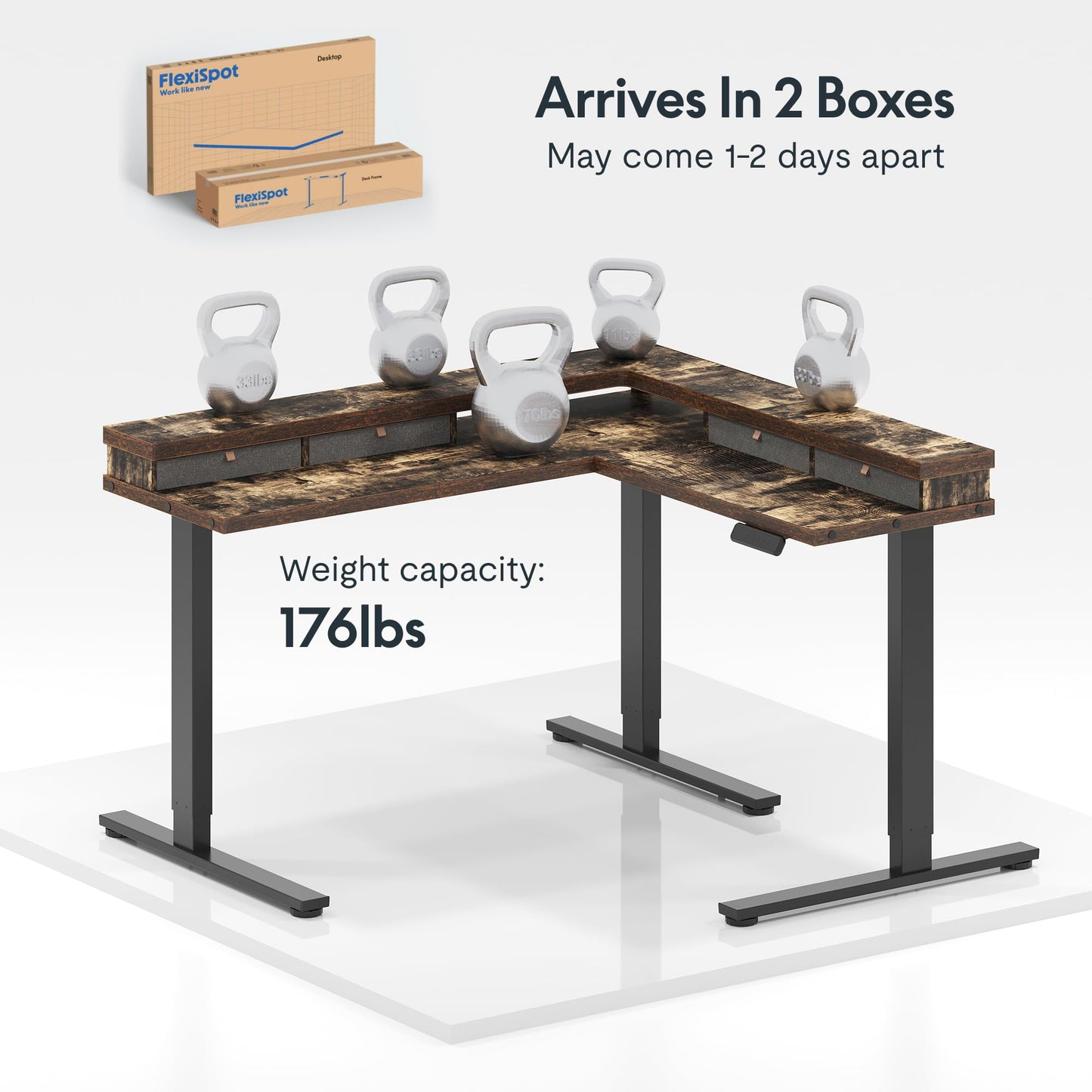 FLEXISPOT 63" L Shaped Standing Desk Electric Corner Table with Shelf, 4 Storage Drawers, Adjustable Computer Workstation for Home, Office, Game, Studio, Rustic Brown Top + Black Frame