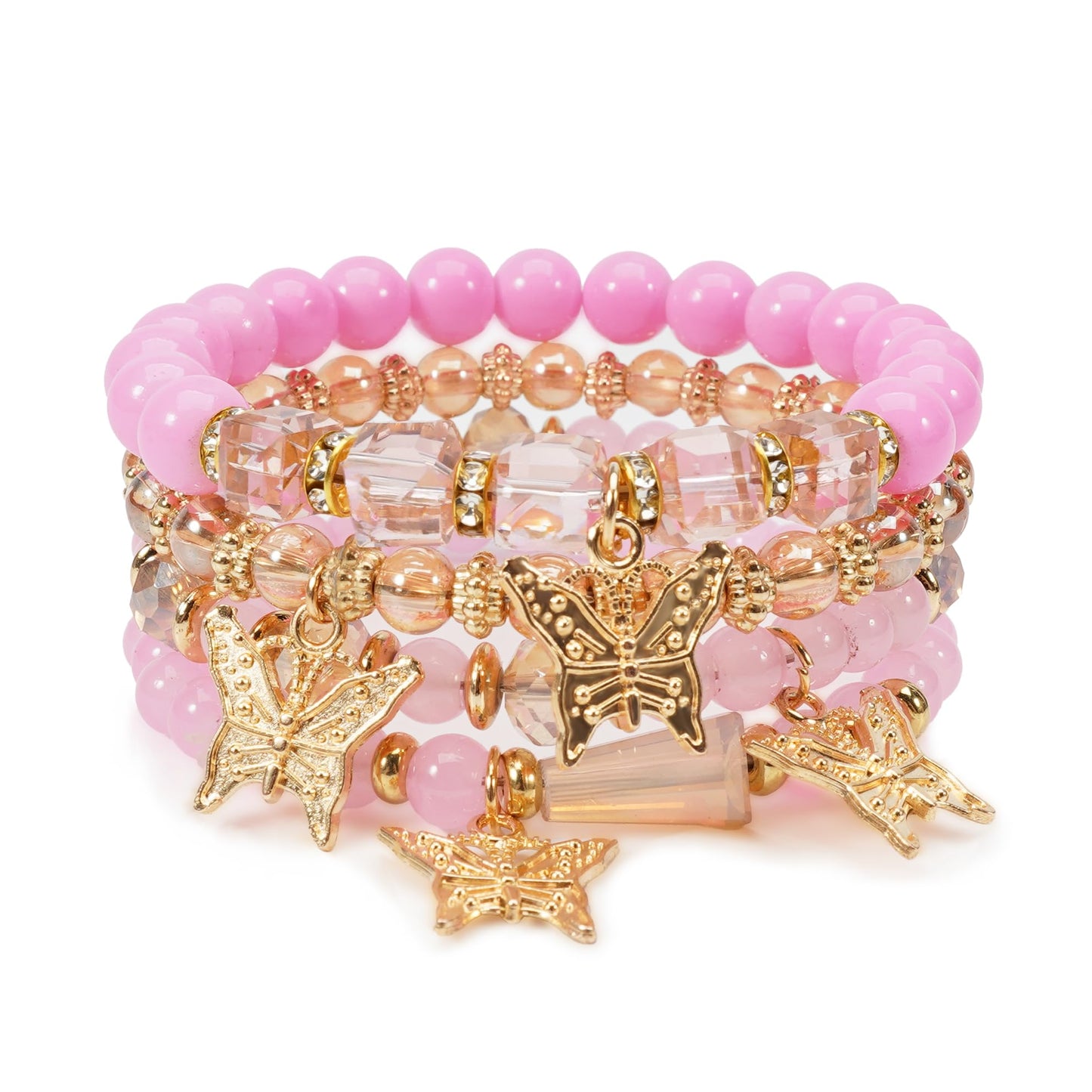 Briutn Butterfly Charm Stackable Beaded Bracelet Set Bohimian Pink Layered Stretch Bracelets Gifts for Women Boho Jewelry