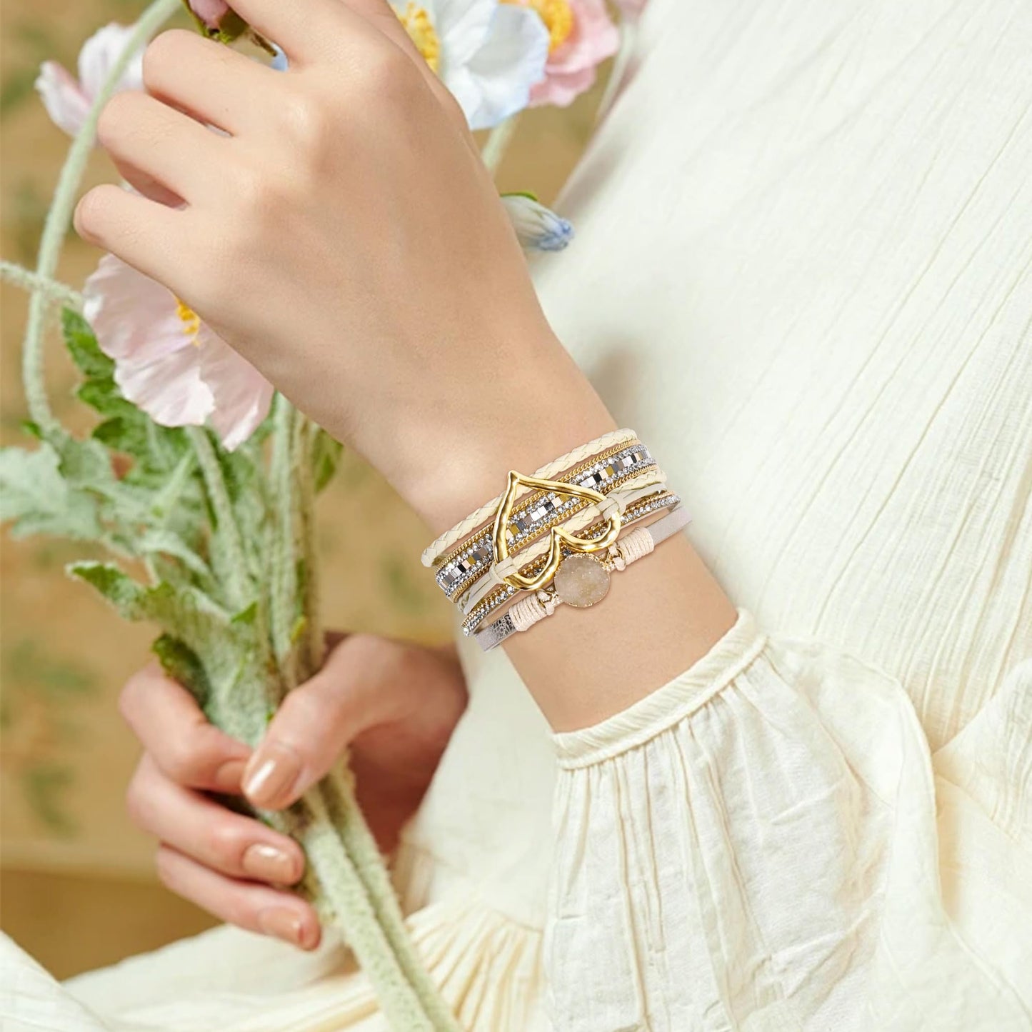 VIBILIA Boho Leather Wrap Bracelets for Women Heart Multi-Layer Bracelets with Strong Clasp Jewelry for Women-Khaki