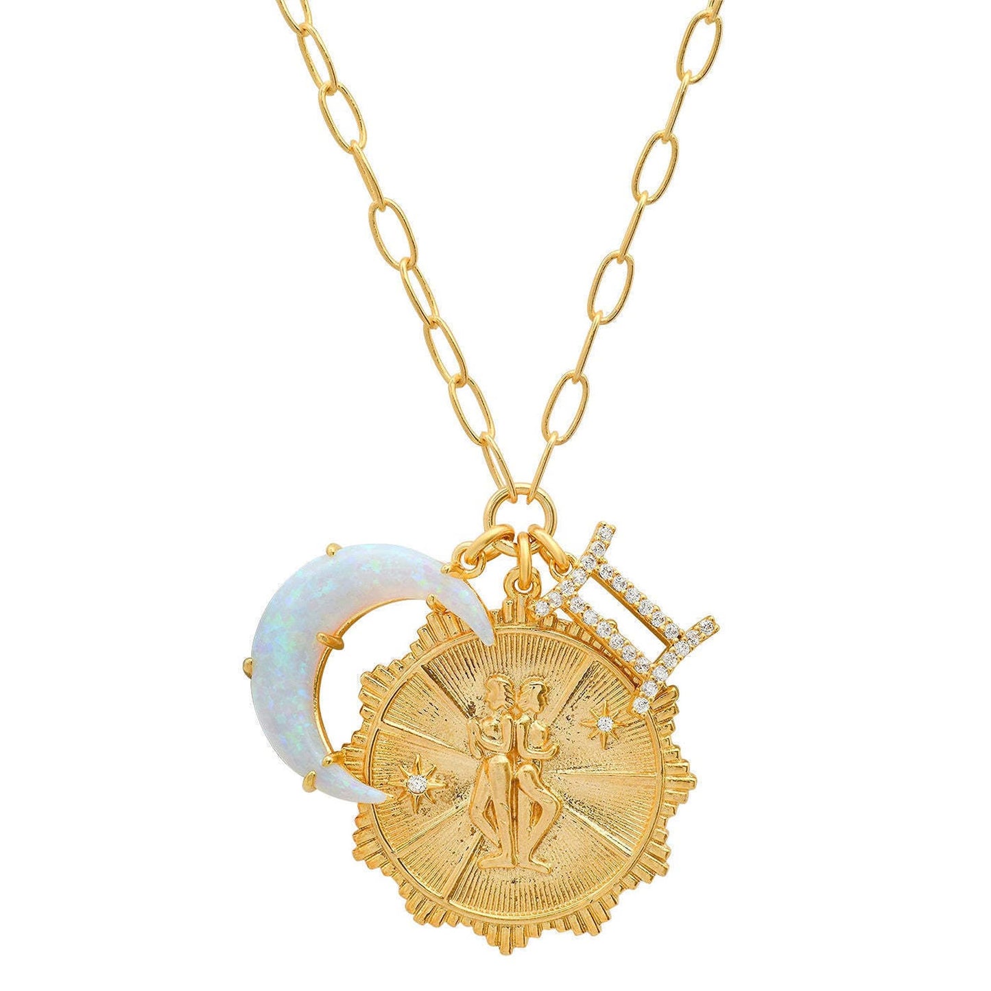 Lanadale Dainty Gold Gemini Zodiac Coin Opal Crescent Moon Charm Necklace for Women Trendy 18K Gold Plated Retro Paperclip Chain 12 Constellation Horoscope Necklaces Astrology Jewelry Gifts
