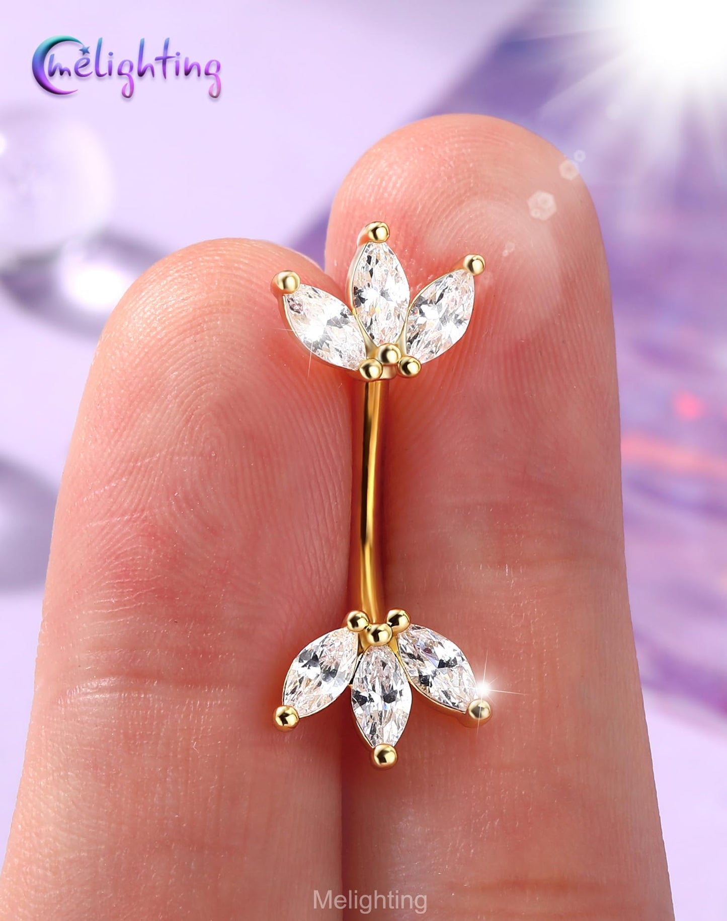 Melighting 14G Gold Lotus Belly Button Ring, Double CZ Navel Ring 316L Surgical Stainless Steel Marquise 5A CZ Belly Bar 8 mm