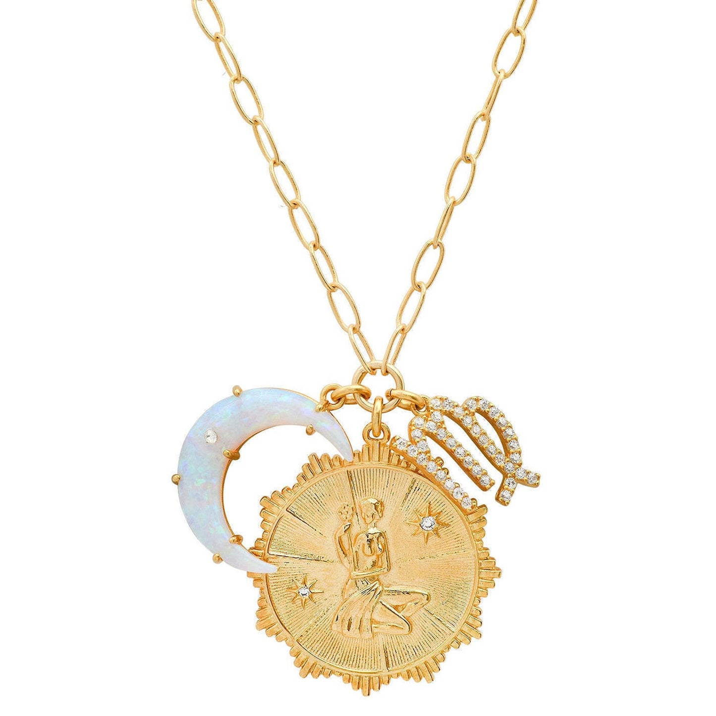 Lanadale Dainty Gold Virgo Zodiac Coin Opal Crescent Moon Charm Necklace for Women Trendy 18K Gold Plated Retro Paperclip Chain 12 Constellation Horoscope Necklaces Astrology Jewelry Gifts