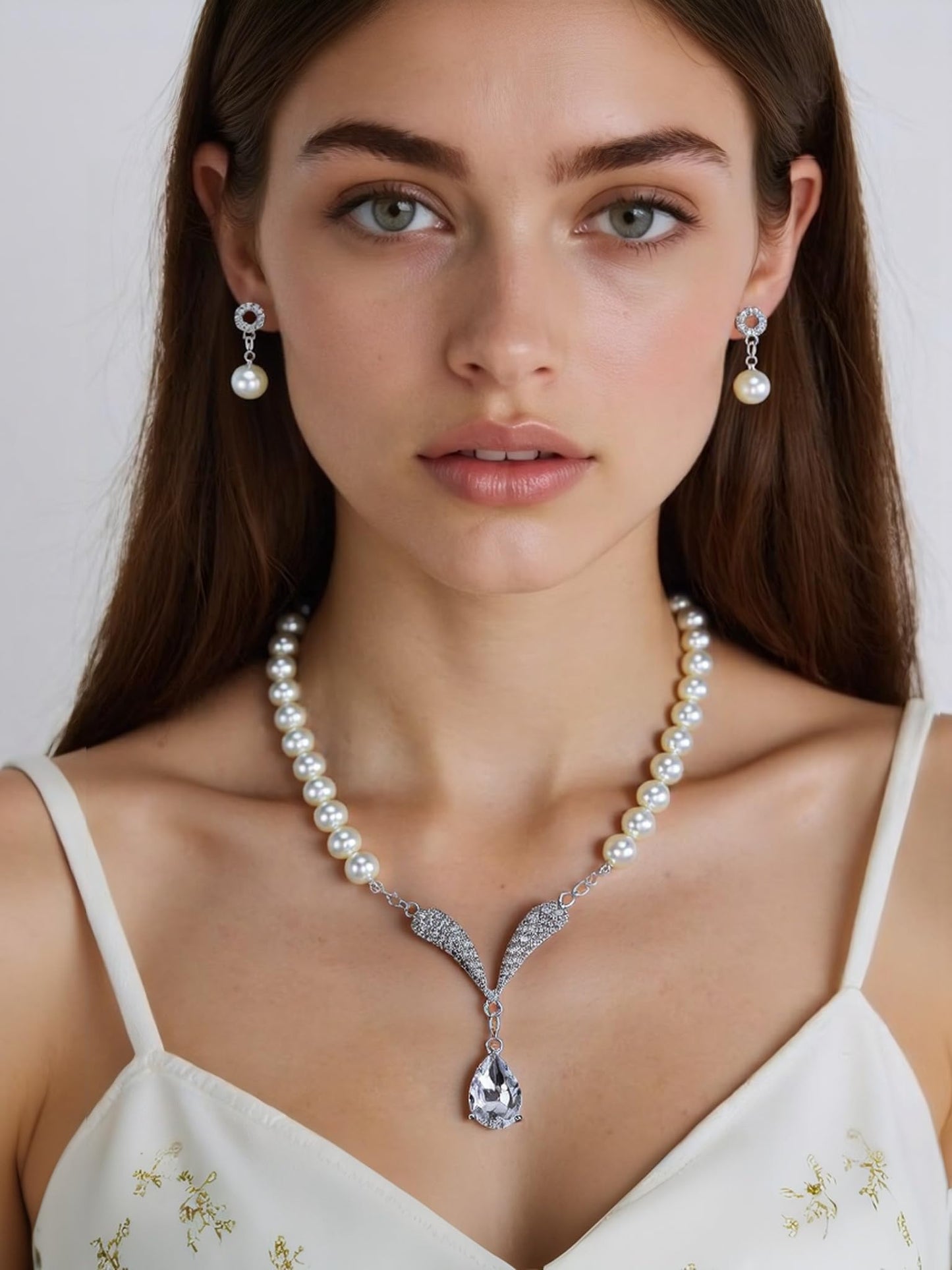 Meztole Pearl Necklace and Earring Set for Women,Pearl Jewelry Set Fake Pearls Necklace Imitation Beaded Collar de Perlas Para Mujer Necklaces for Prom Bridesmaid Costume Accessories A-Silver