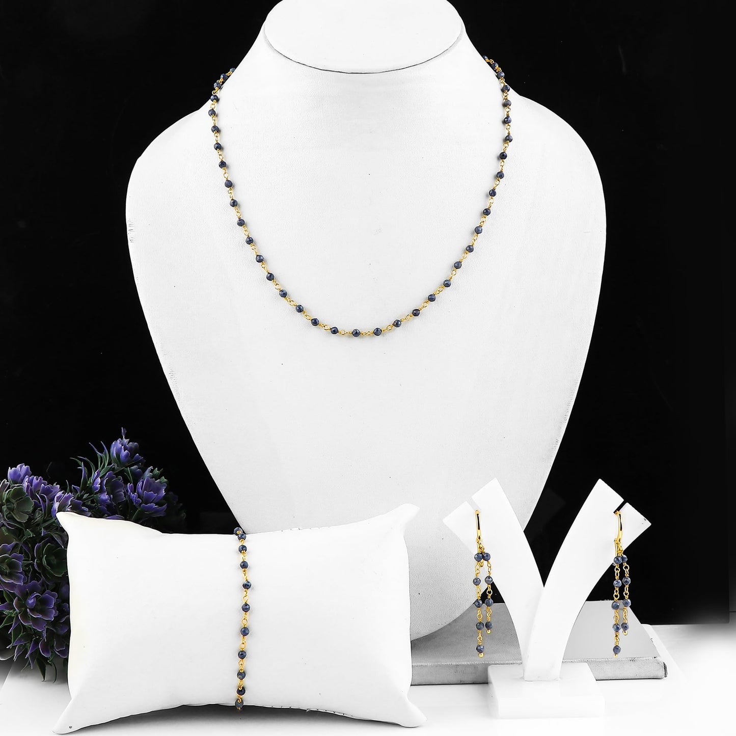 CRYSTALINES (3pcs) Natural Blue Sapphire Gemstone Cluster Jewelry Combo Set, 14K Gold Plated, Crystals Beads Rosary Chain, Handmade Bohemian Jewelry - Bracelets, Necklace, Earrings for Women