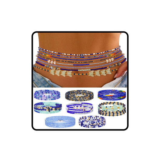 ELABEST Adjustable Handmade Waist Beads Stretchy 23-52 inch 8Pcs Chakra Body Belly Beaded Women Waist, Anklet, Bracelet, Necklace Jewelry with Screw clasp (Blue, 39.3inch/100cm)
