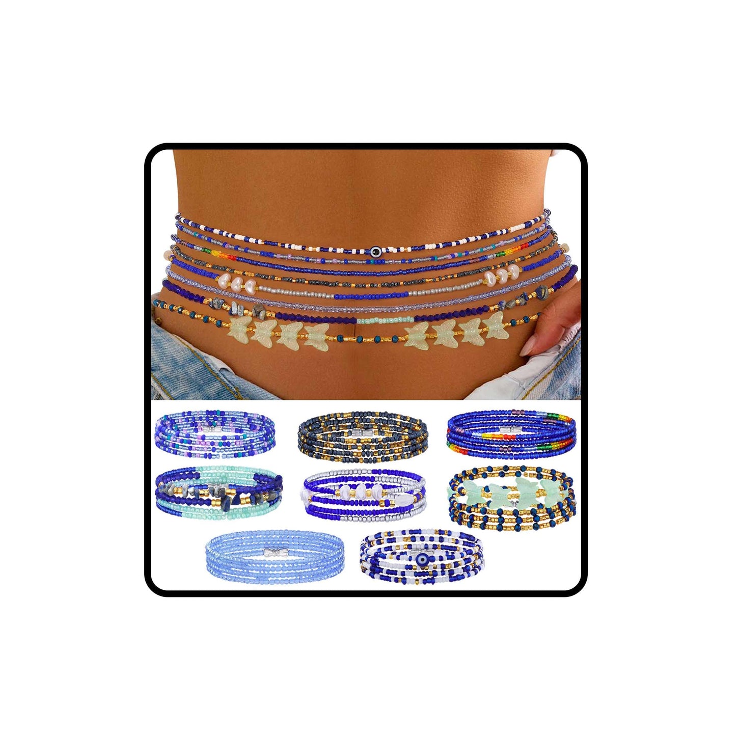 ELABEST Adjustable Handmade Waist Beads Stretchy 23-52 inch 8Pcs Chakra Body Belly Beaded Women Waist, Anklet, Bracelet, Necklace Jewelry with Screw clasp (Blue, 31.5inch/80cm)