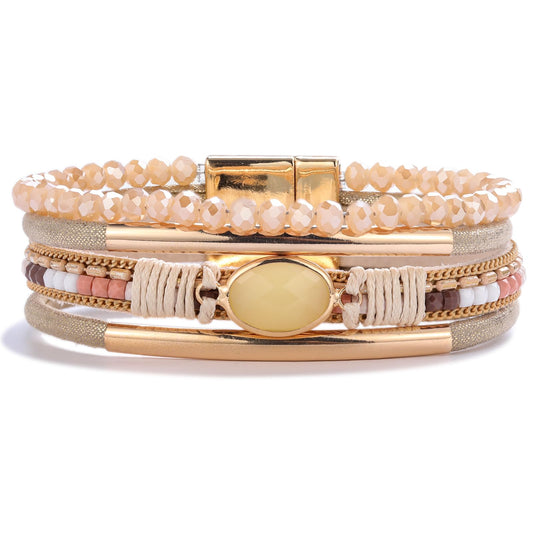 FANCY SHINY Leather Wrap Bracelets Crystal Beads Bracelet Boho Cuff Stone Charm Bracelets with Clasp Costume Jewelry for Women(Cream)