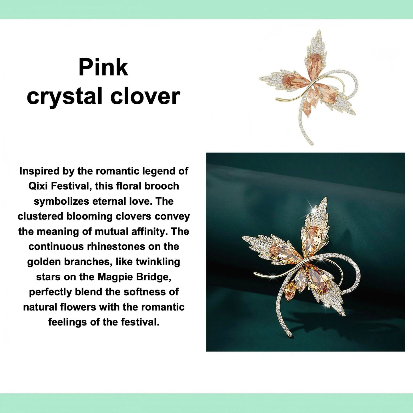 Vbvbip Elegant Vintage Crystal Clover Leaf Brooch for Women, Sparkling Flower Brooch for Blazer Dress Coat, Wedding Prom Fashion Jewelry Gift