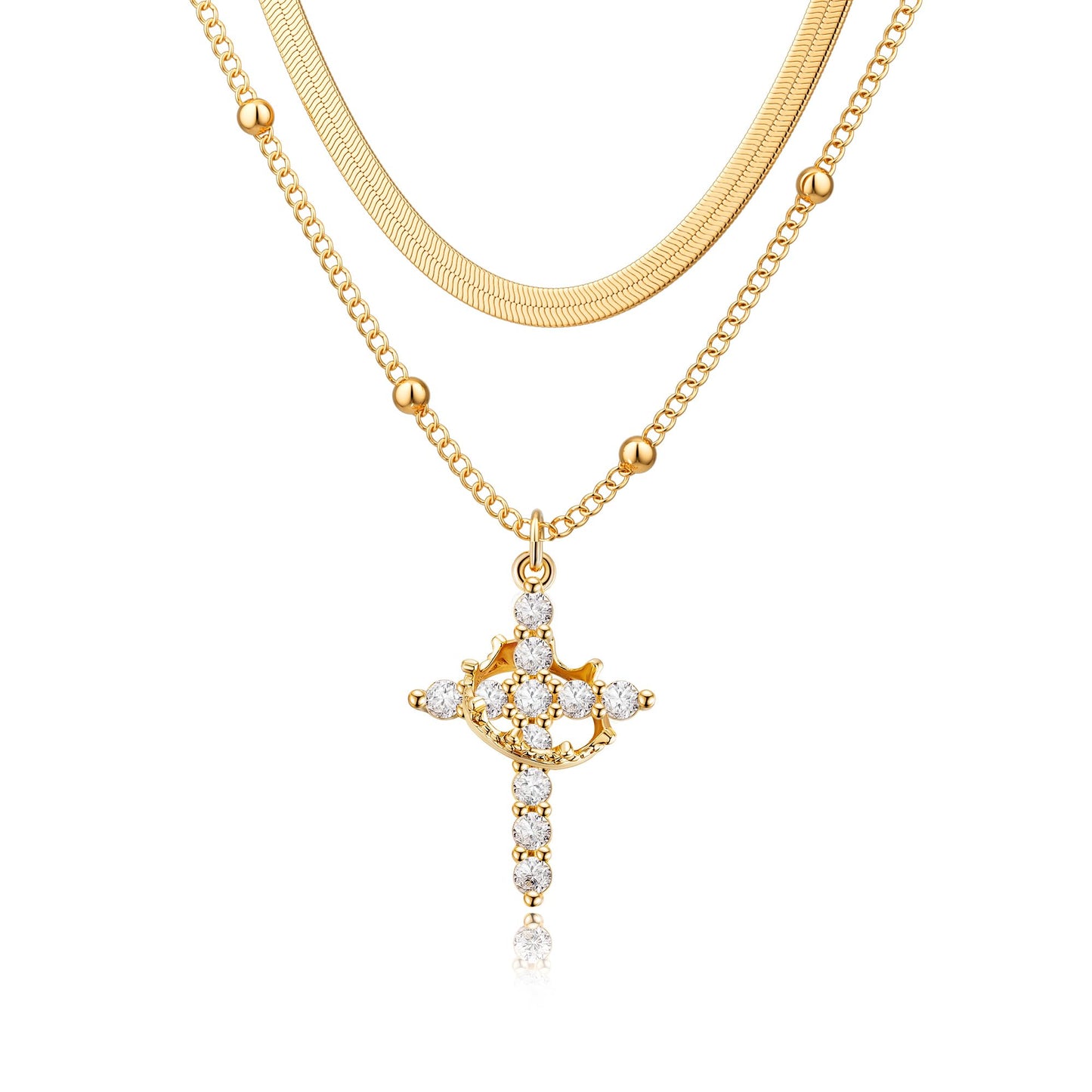Robaice Cross Necklace for Women 14K Gold Plated Crown Cross Pendant Necklace Simple Gold Necklaces Faith Cross Jewelry First Communion Necklace, Herringbone Chain Set