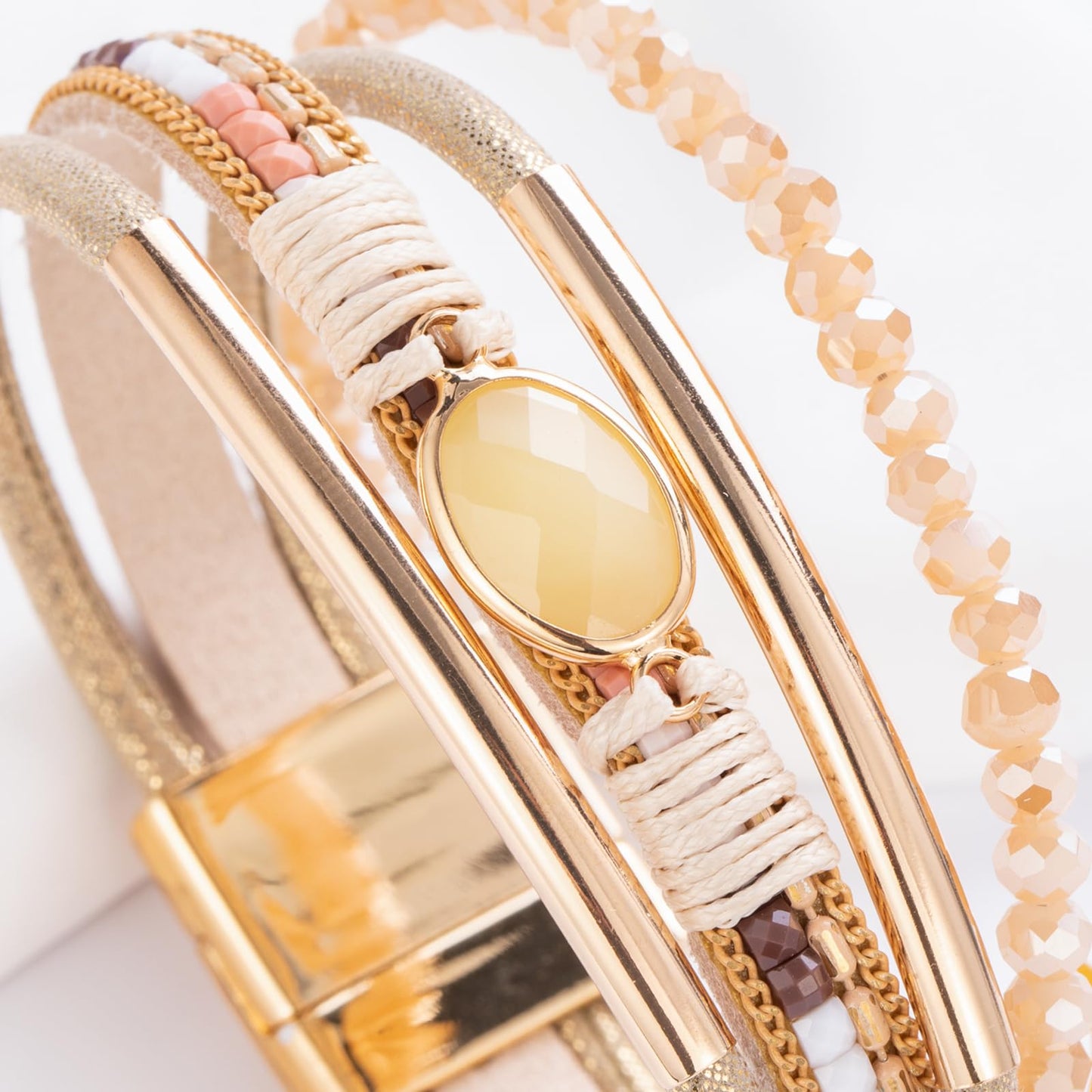 FANCY SHINY Leather Wrap Bracelets Crystal Beads Bracelet Boho Cuff Stone Charm Bracelets with Clasp Costume Jewelry for Women(Cream)
