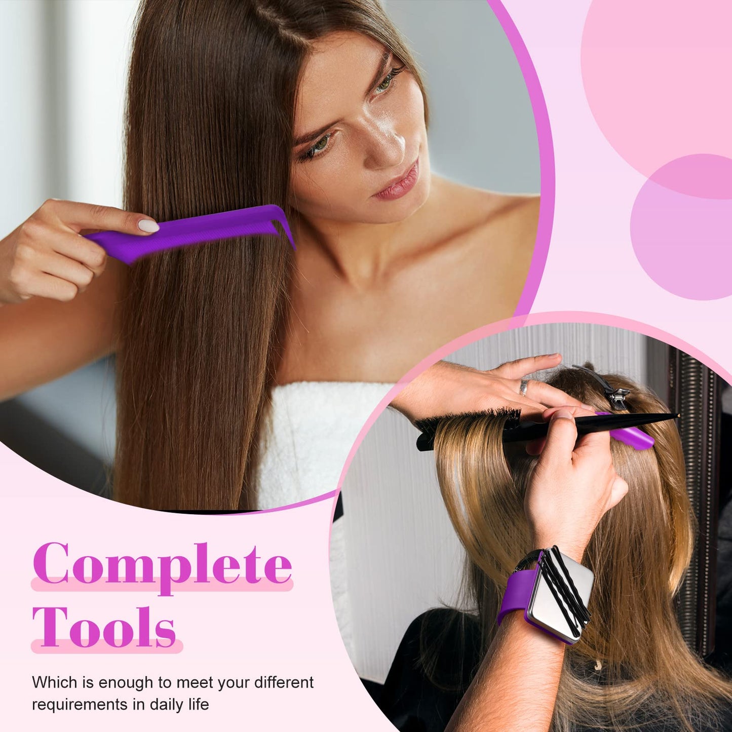 7 Pieces Hair Braiding Tools Magnetic Pin Wristband and 2 Pieces Stainless Steel Pintail Rat Tail Comb with 4 Wide Teeth Alligator Sectioning Hair Clip for Braid Tool Braid Maker(Purple)