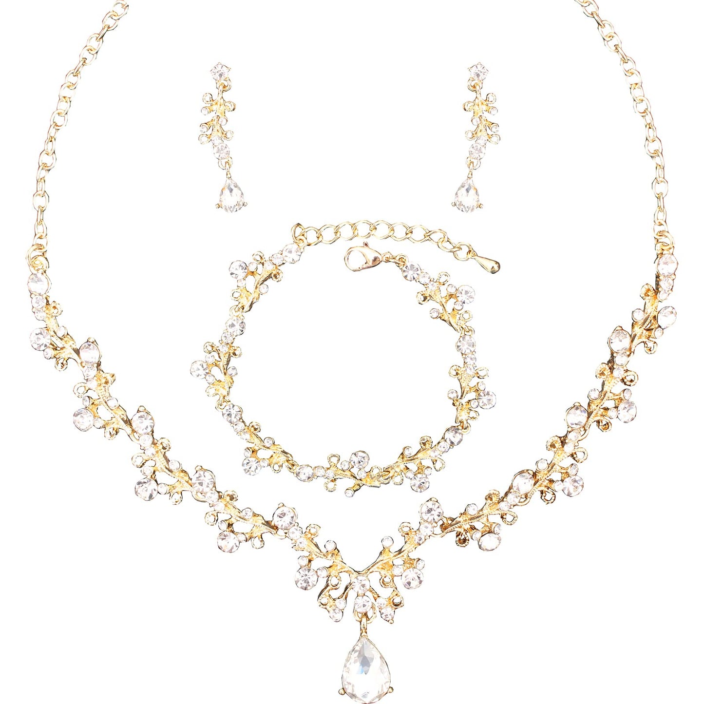 Enrwin 3Pcs Austrian Crystal Jewelry Set for Women, Necklace Dangle Earrings Link Bracelet with Gold/Platinum/Gun Plated, Wedding Party Bridal Bridesmaid (White-Gold Plated)