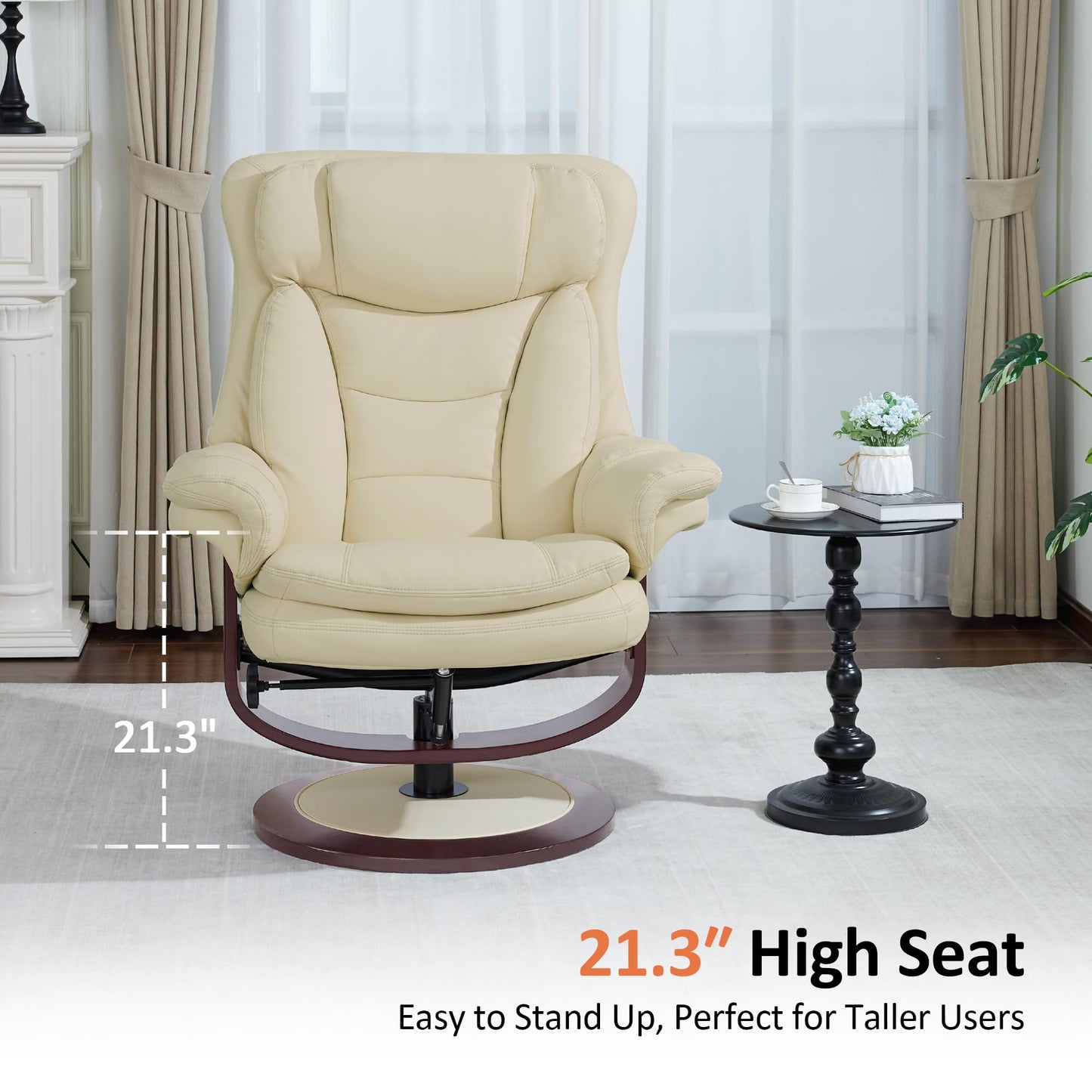 MCombo Oversized Swivel Recliner Chair with Ottoman, Adjustable Backrest, 360° Wood Base, High Seat, Faux Leather Lounge Chair for Tall Users in Living Room Office 4651 (Cream White)