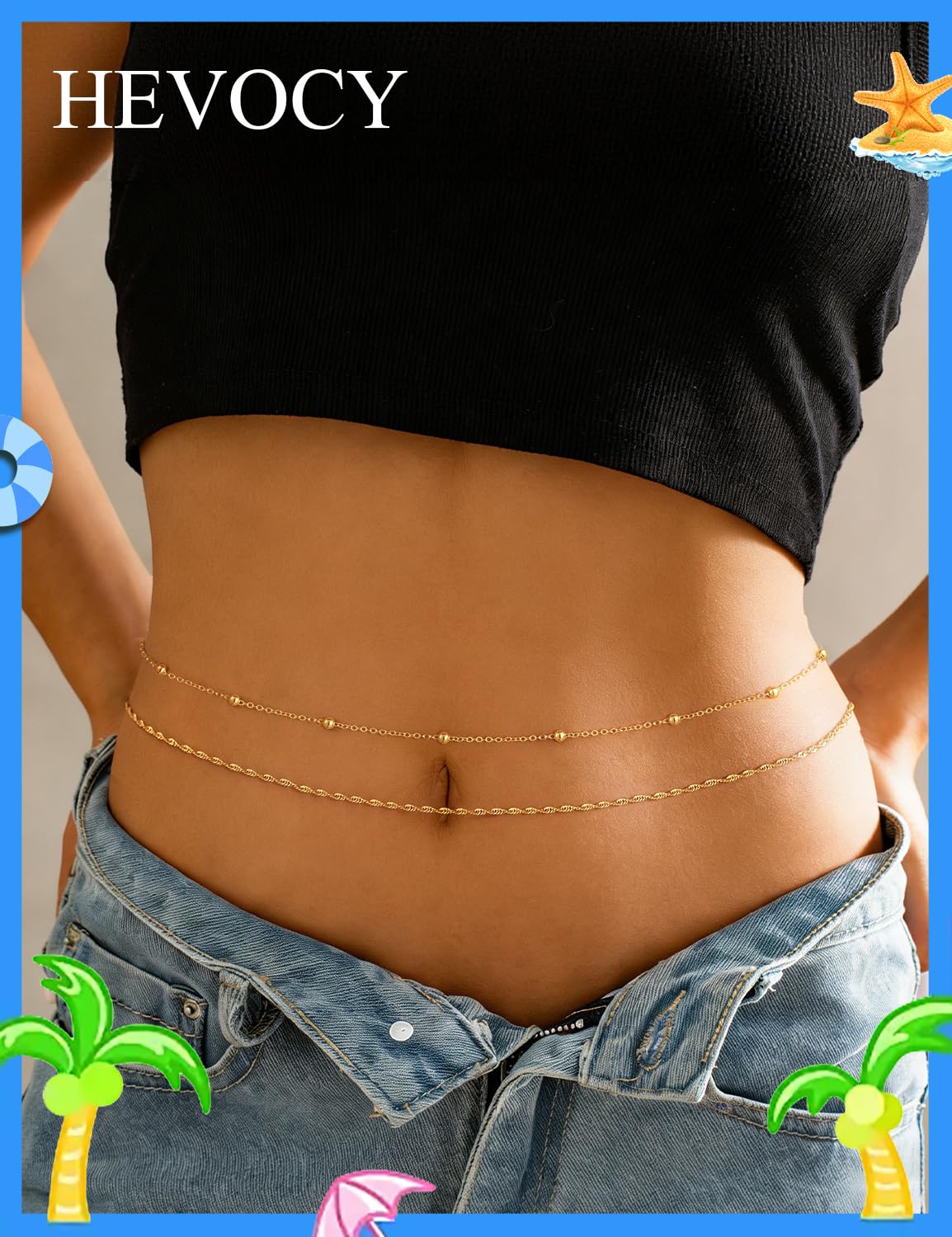 HEVOCY Gold Waist Chain for Women, Trendy Layered Belly Chain Jewelry, Adjustable Body Chain for Beach & Summer Outfit