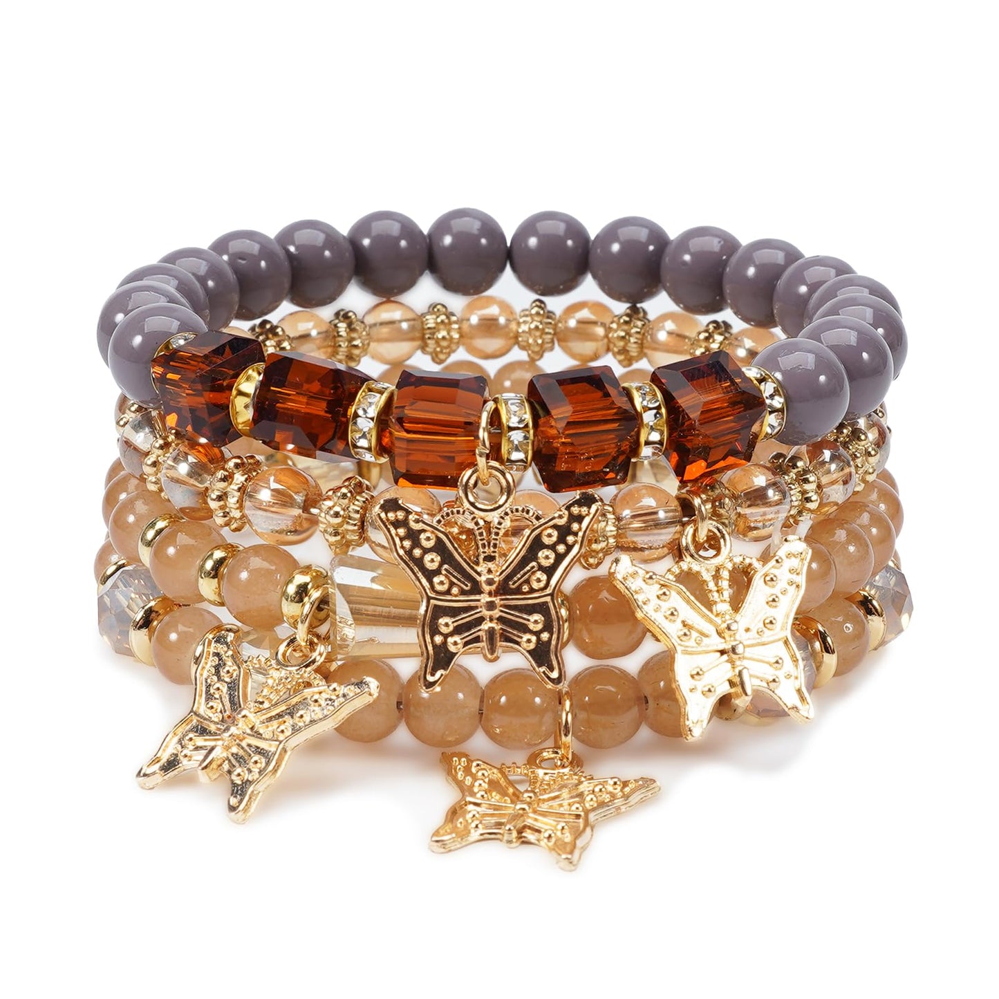 Briutn 4Pcs Butterfly Stackable Beaded Bracelets for Women Bohemian Elastic Stretch Bracelet Set Fashion Jewelry Gifts