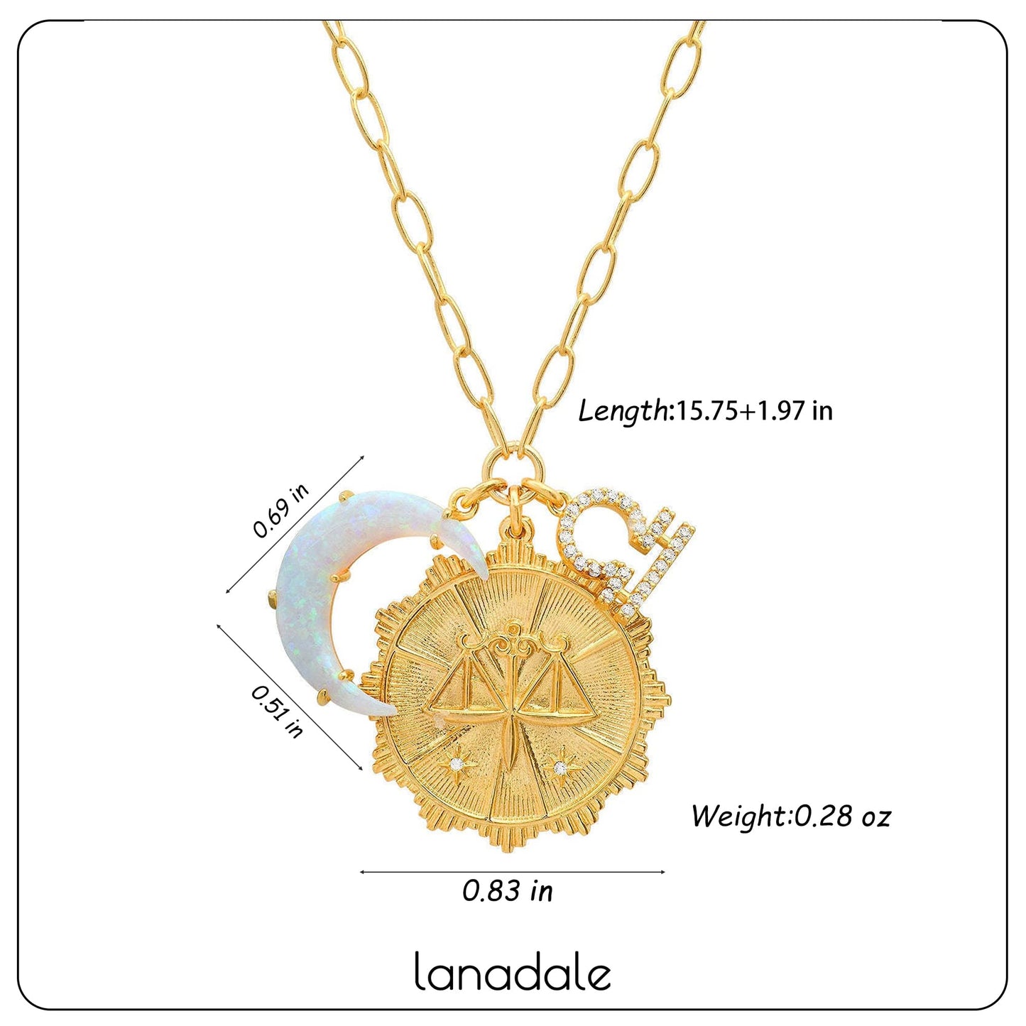 Lanadale Dainty Gold Libra Zodiac Coin Opal Crescent Moon Charm Necklace for Women Trendy 18K Gold Plated Retro Paperclip Chain 12 Constellation Horoscope Necklaces Astrology Jewelry Gifts
