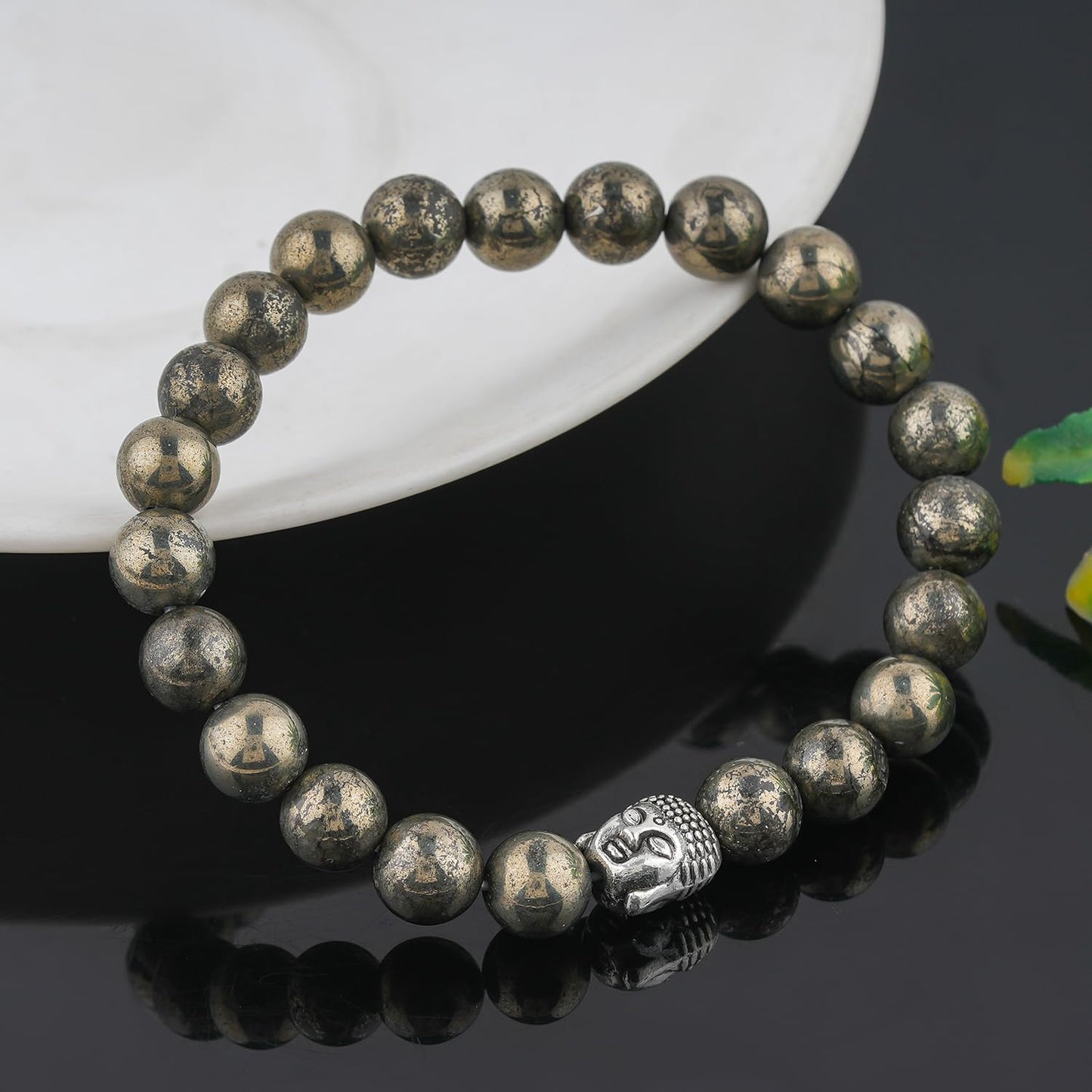 CRYSTALINES Buddha Charm Stretchable Braceclet, Natural Pyrite Gemstone Beads, Plain Round Stones, Handmade Boho Strech Bracelet, Adjustable Spiritual Healing Crystal Unisex Jewelry Gift