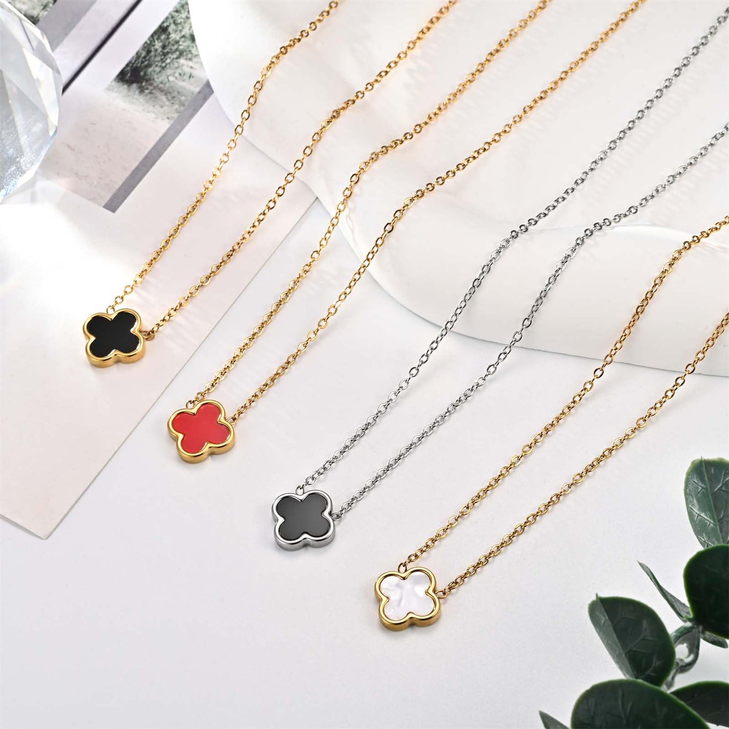 KYJAC Clover Jewelry Set - 18k Gold Plated Pendant Necklace and Stud Earrings - White, Black, Red Four Leaf Clover - Gifts for Women (Gold Red Set)