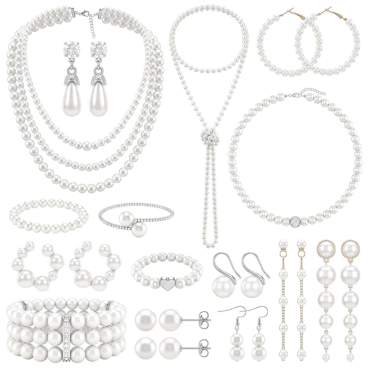 Huwena 15 Pcs Pearl Jewelry Set with Necklace, Earrings, Bracelets and Ring, Pearl Necklaces for Women, Faux Pearls Set Jewelry for Wedding Bridal Shower Christmas Tea Party