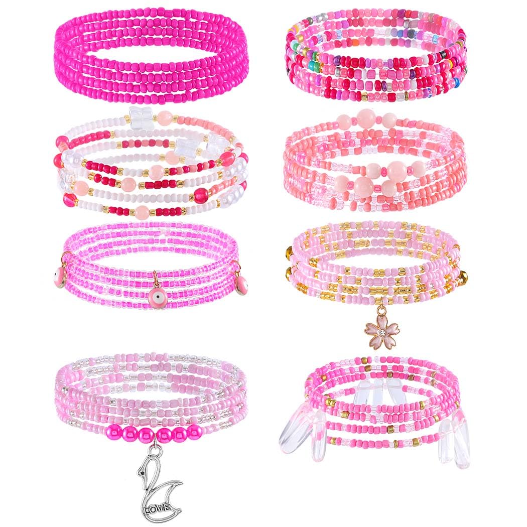 ELABEST 24-39inch African Waist Beads for Women 8Pcs Elastic Belly Beads Colorful Beaded Waist Jewelry Accessories Body Chain (Pink, 23.6inch/60cm)