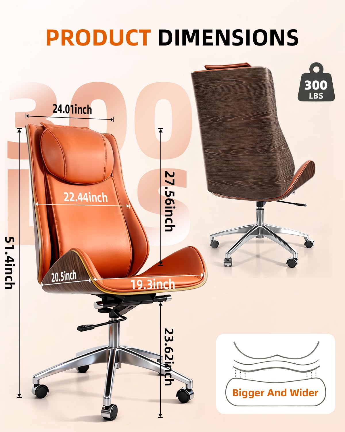 Executive Massage Office Chair Ergonomic Luxury Desk Chair with Handcrafted Wood Veneer 6-Point Vibration for Sciatica Relief 135° Recline, Big and Tall Support for Home & Workspace (Orange)