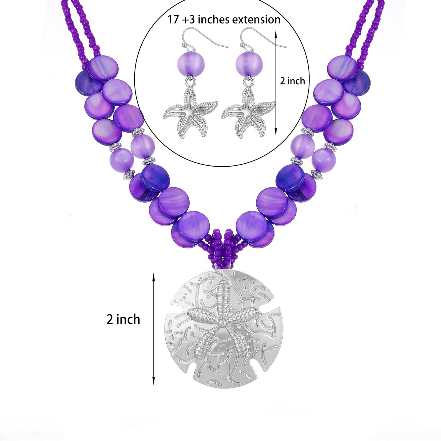 Perla Boho Starfish Necklace for Women, Chunky Layered Shell Beads Choker Necklace and Earrings Set, Ocean-Themed Summer Beach Jewelry (Purple)
