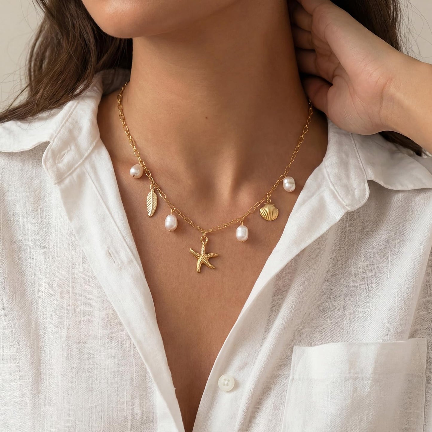 Shell Starfish Necklace for Women, 14k Gold Plated Boho Layered Beaded Charm Pendant Necklace, Dainty Adjustable Pearl Conch Summer Beach Vacation Jewelry Gifts(Starfish&Pearl)