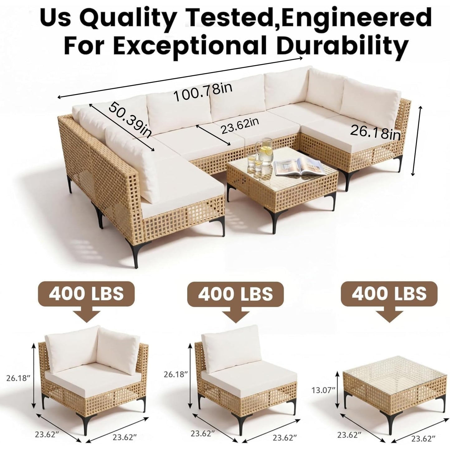 Devoko Patio Furniture Set,7 Pieces Outdoor Wicker Sectional Couch with Thick Cushions &Glass Tabletop, PE Rattan Backyard Conversation Sofa with Coffee Table for Deck, Porch