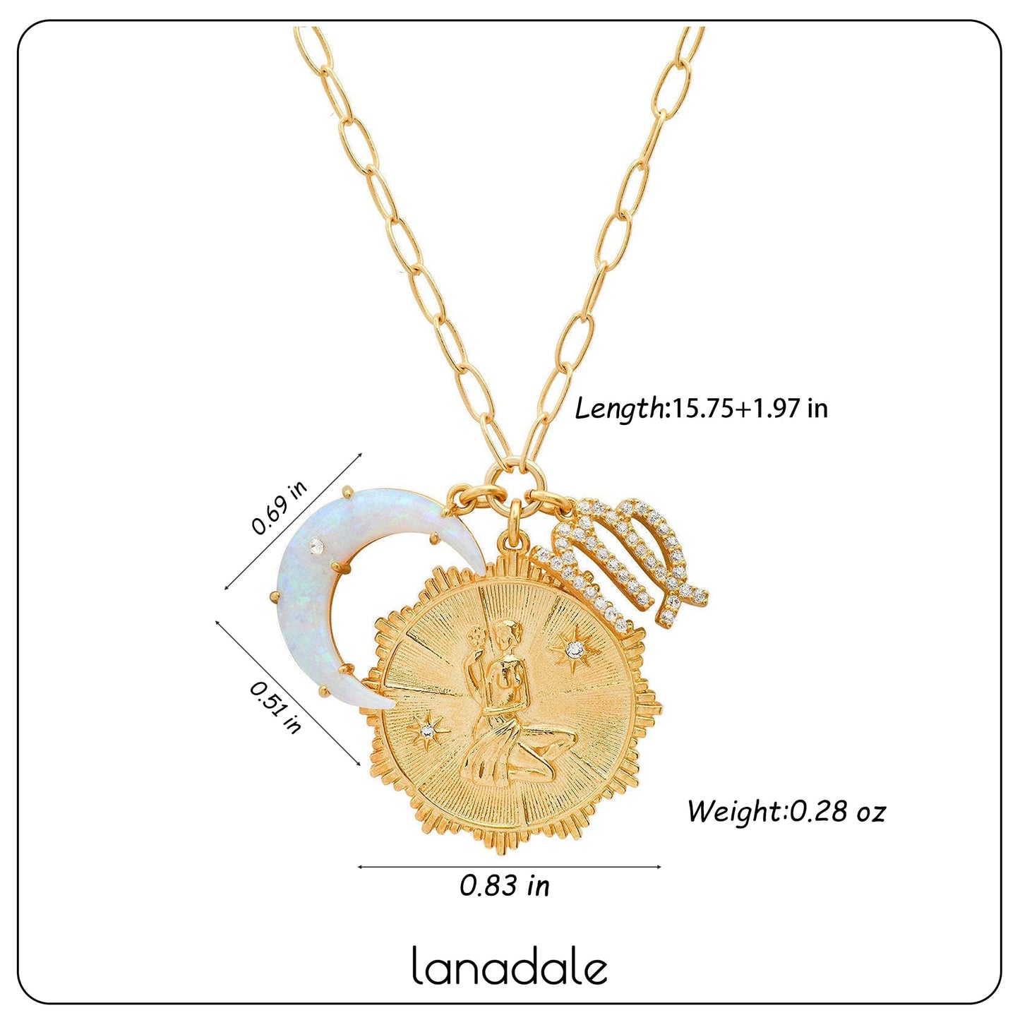 Lanadale Dainty Gold Virgo Zodiac Coin Opal Crescent Moon Charm Necklace for Women Trendy 18K Gold Plated Retro Paperclip Chain 12 Constellation Horoscope Necklaces Astrology Jewelry Gifts