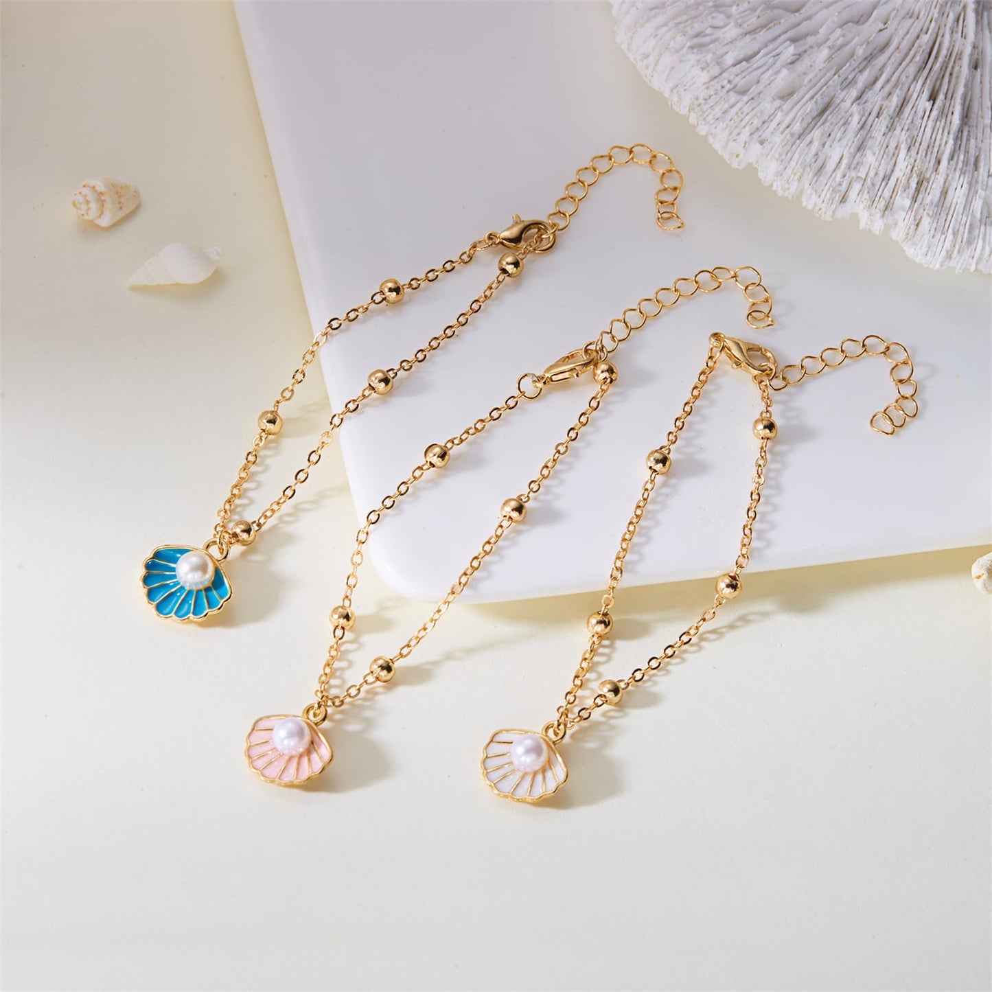 Seashell Pearl Bracelets Set Gold Plated Layered Boho Enamel Pink Sea Shell Starfish Mermaid Conch White Pearls Charm Ankle Bracelet for Women Summer Hawaiian Beach Vacation Fashion Jewelry (3pcs bracelets)