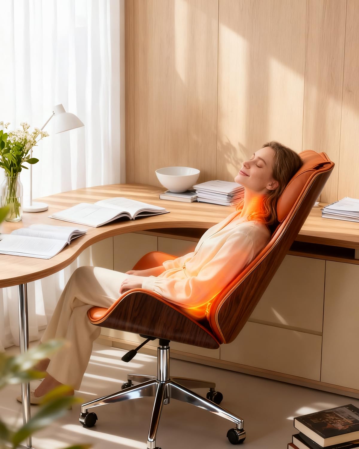 Executive Massage Office Chair Ergonomic Luxury Desk Chair with Handcrafted Wood Veneer 6-Point Vibration for Sciatica Relief 135° Recline, Big and Tall Support for Home & Workspace (Orange)