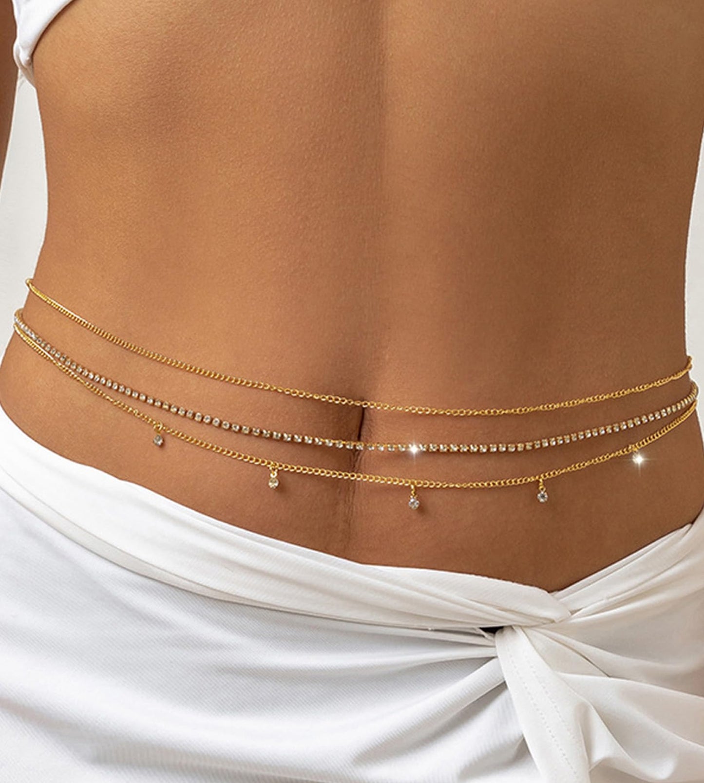 MODRSA 3pcs Gold Belly Chain Waist Chain for Women - Rhinestone Multi-Layer Stomach Jewelry Chain Body Chain - Sexy Waist Jewelry for Women - Gold Color