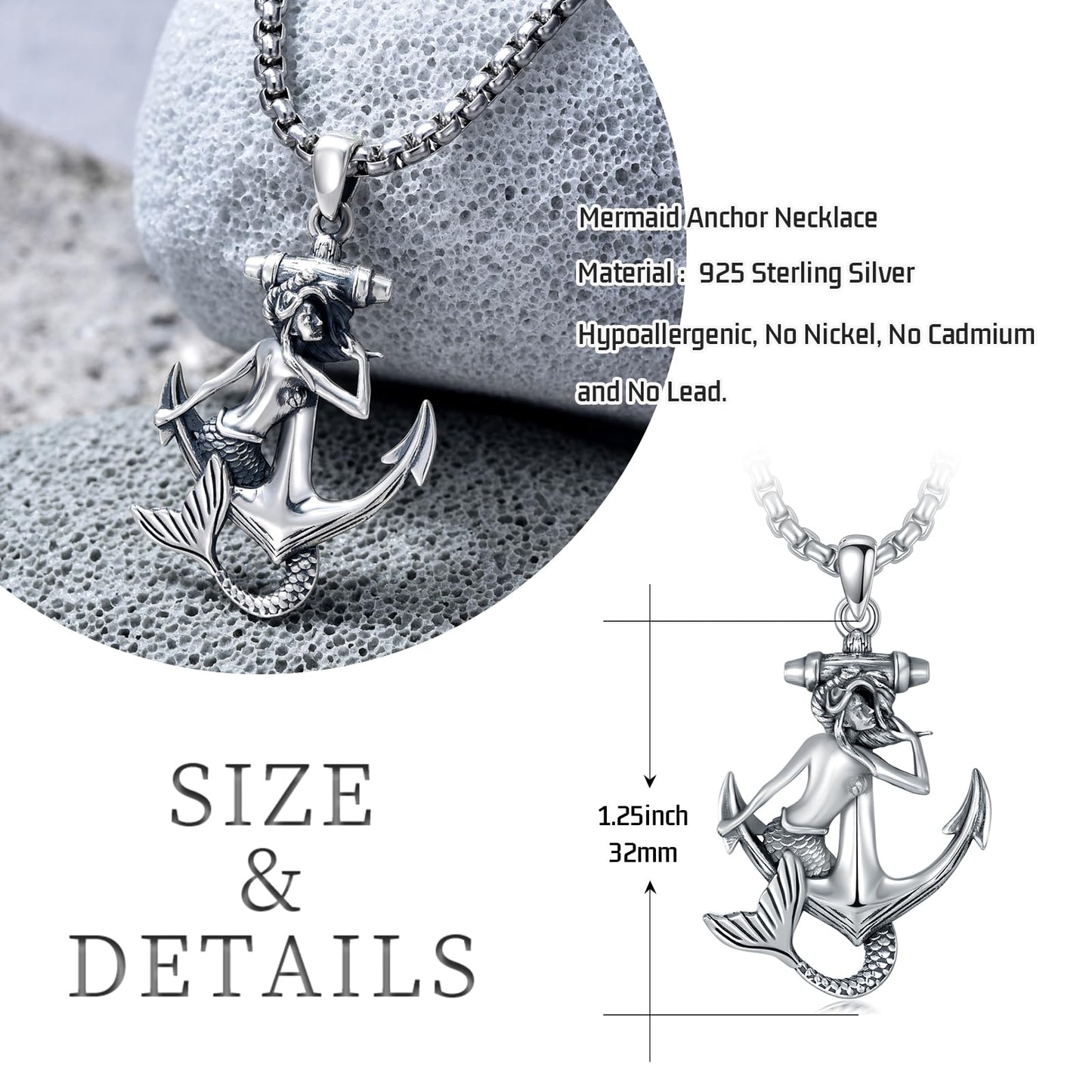 KoyeKei Mermaid Necklace for Women 925 Sterling Silver Anchor Mermaid Necklaces Nautical Beach Themed Pendant Ocean Jewelry Graduation Birthday Gifts for Best Friends Her Lover