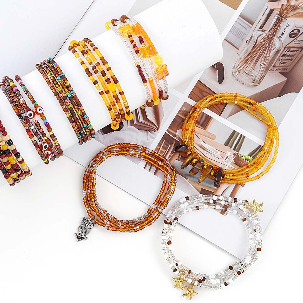 ELABEST 24-39inch African Waist Beads for Women 8Pcs Elastic Belly Beads Colorful Beaded Waist Jewelry Accessories Body Chain (Brown, 27.5inch/70cm)