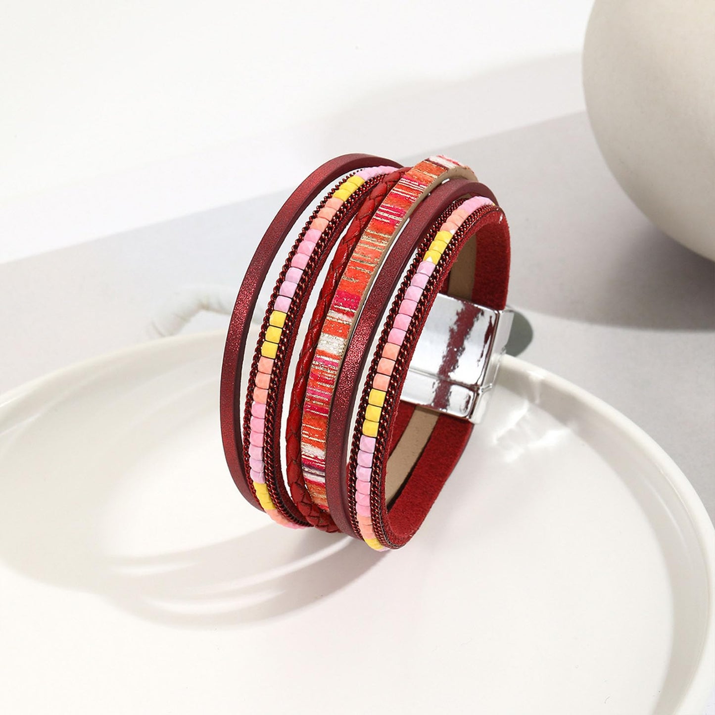VIBILIA Boho Leather Wrap Bracelets for Women Trendy Layered Multi-Layer Bracelets with Strong Clasp Jewelry for Women - Red