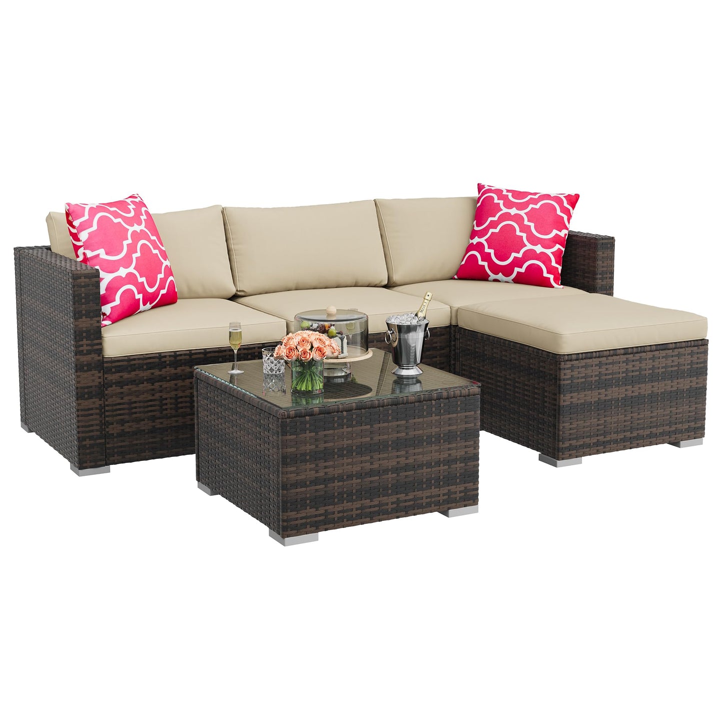 GAOMON 5-Piece All-Weather Patio Furniture Set, Convertible Outdoor Sectional Sofa with Ottoman & Tempered Glass Table, PE Rattan Conversation Set for Garden, Backyard, Porch, Poolside