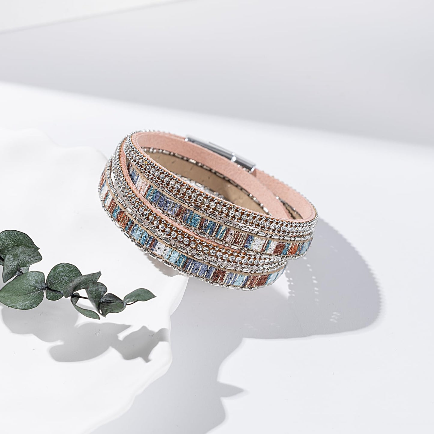 FANCY SHINY Boho Leather Wrap Bracelet Stackable Crystal Rhinestone Bangle Cuff with Magnetic Clasp Trendy Bohemian Jewelry for Women(Bronze)