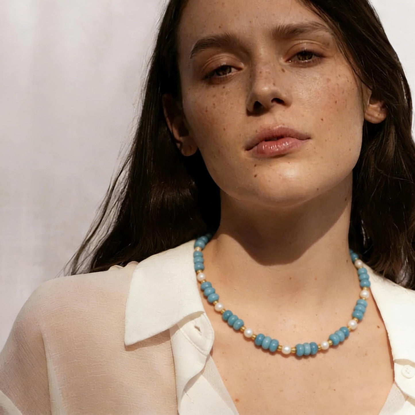POTESSA Blue Necklace for Women – Pearl Choker with Blue Gemstone Beads & 18K Gold Plated Boho Beach Jewelry, Gift for Her