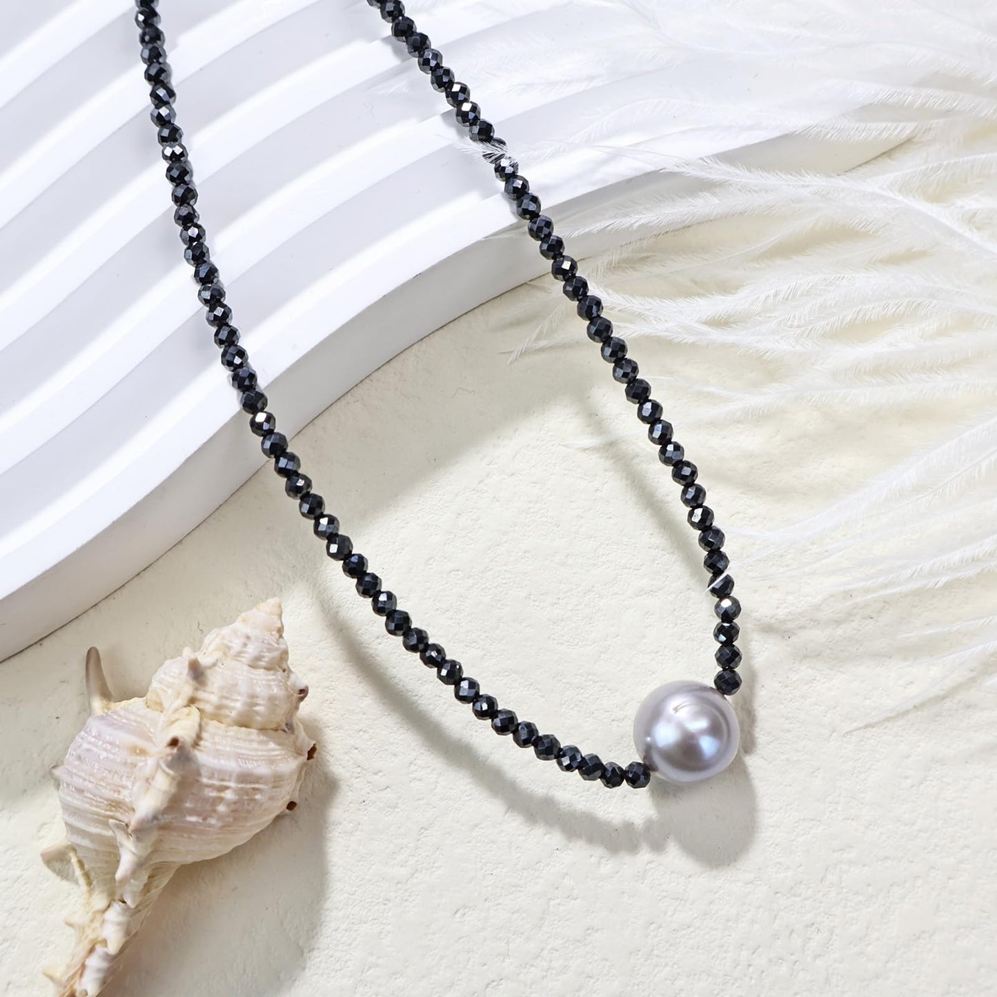 GEMTAL Dainty Single Pearl Pendant Necklaces for Women Trendy,Womens Black Stone Beaded Choker Necklace,Delicate Round Freshwater Pearl Necklace Jewelry Gift for Women Girls