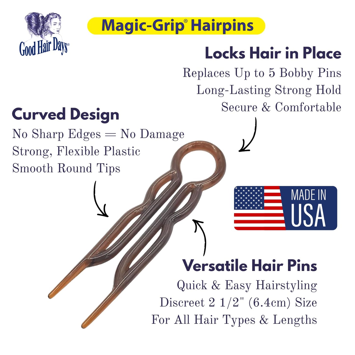 Good Hair Days Magic-Grip Hairpins - 2 1/2" U-Shaped Grip Hair Pins for Fine, Thick, Curly & Long Hair, Invisible Strong Hold Hair Styling Accessories, Set of 20, USA-Made (Tortoise Shell)