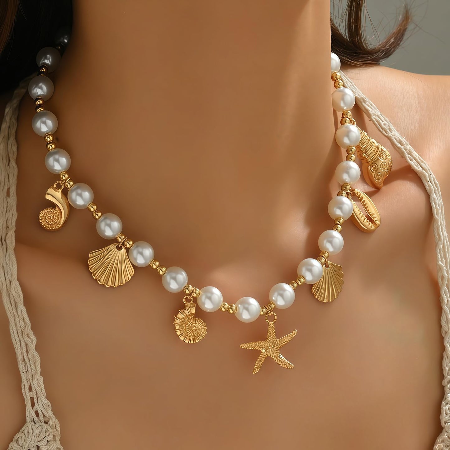 Shell Starfish Necklace for Women, 14k Gold Plated Boho Layered Beaded Charm Pendant Necklace, Dainty Adjustable Pearl Conch Summer Beach Vacation Jewelry Gifts(Pearl Charm)