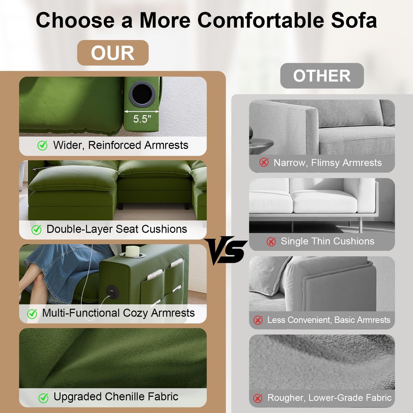 KCGKCG 116" Modular Sectional Sofa, U Shaped Cloud Couch with Movable Ottoman, Chenille Deep Seat Cloud Sofa with Charging Station, Cup Holder, Side Pocket, Sectional Couches for Living Room, Green