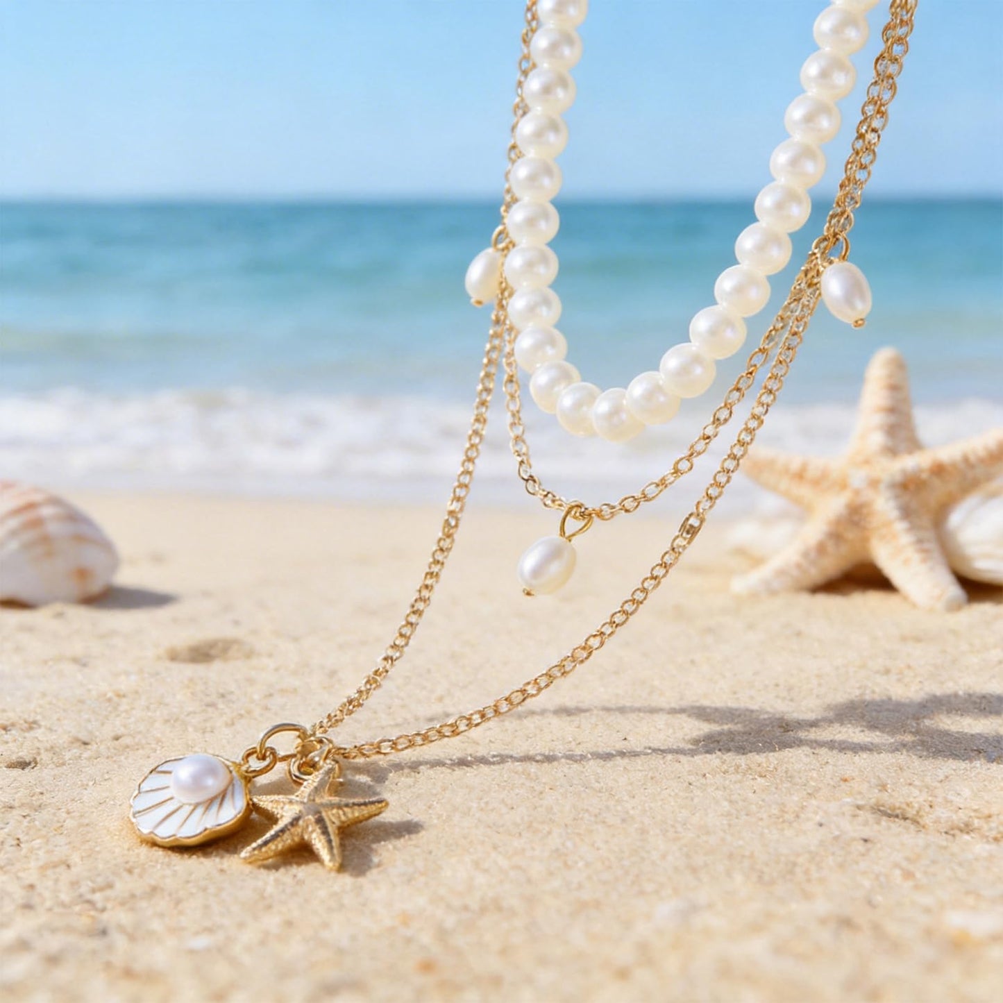KummerSaprk Seashell Necklace Summer Vacation Jewelry for Women Gold Beachy Necklace Stack Starfish Flower Cowrie Sea Shell Pendant Necklaces Summer Essentials Accessories Gifts