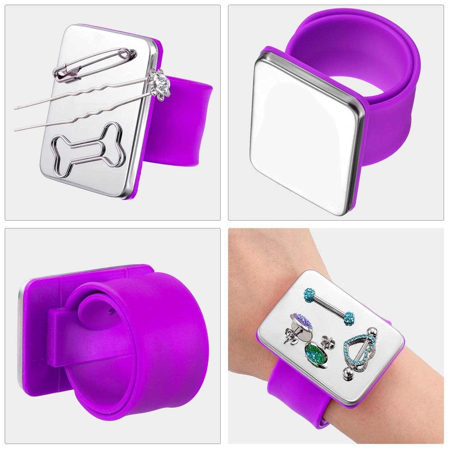 WILLBOND Magnetic Sewing Pincushion Wristband, 2 Pieces, with Flannelette Bag, Silicone Bracelet, Rose Red, Purple