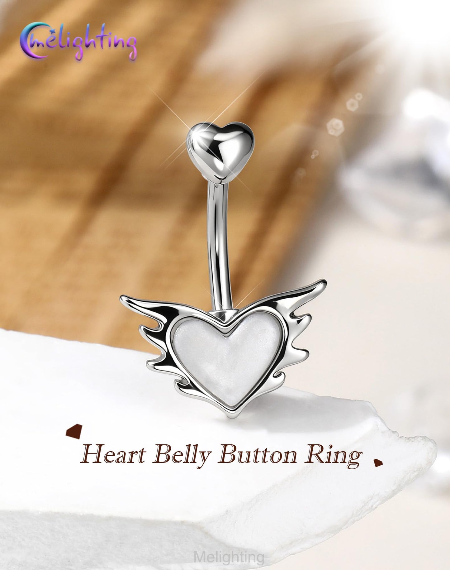 Melighting 14G Heart Belly Piercing, 316L Stainless Steel Belly Button Ring with Opal and Fire-Like Shape, 10 mm Navel Ring, Elegant Body Piercing Jewelry for Women